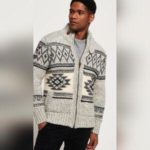 Superdry Mountain Issue Sherpa-Lined Aztec Knit Jacket - Size Medium